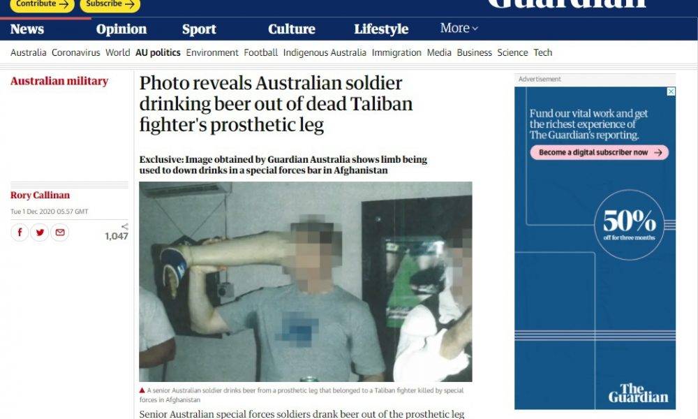  【戰爭暴行】英媒：澳兵用塔利班死者義肢喝酒 上級視而不見
