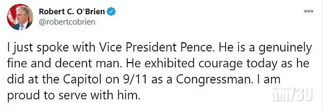 【美國大選】副總統彭斯命國民警衛軍平亂  國家安全顧問讚「如911襲擊般英勇」
