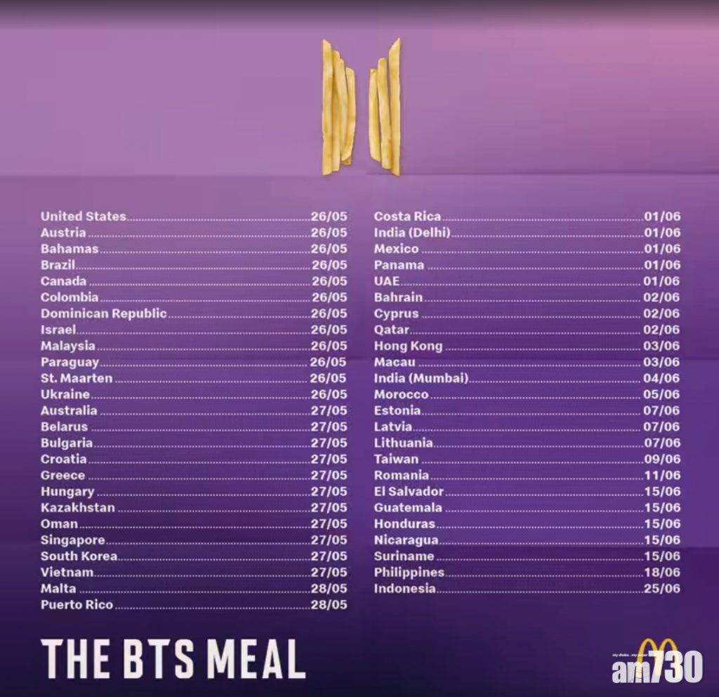  麥當勞全球50地區推「BTS餐」 港澳6月3日有得試！