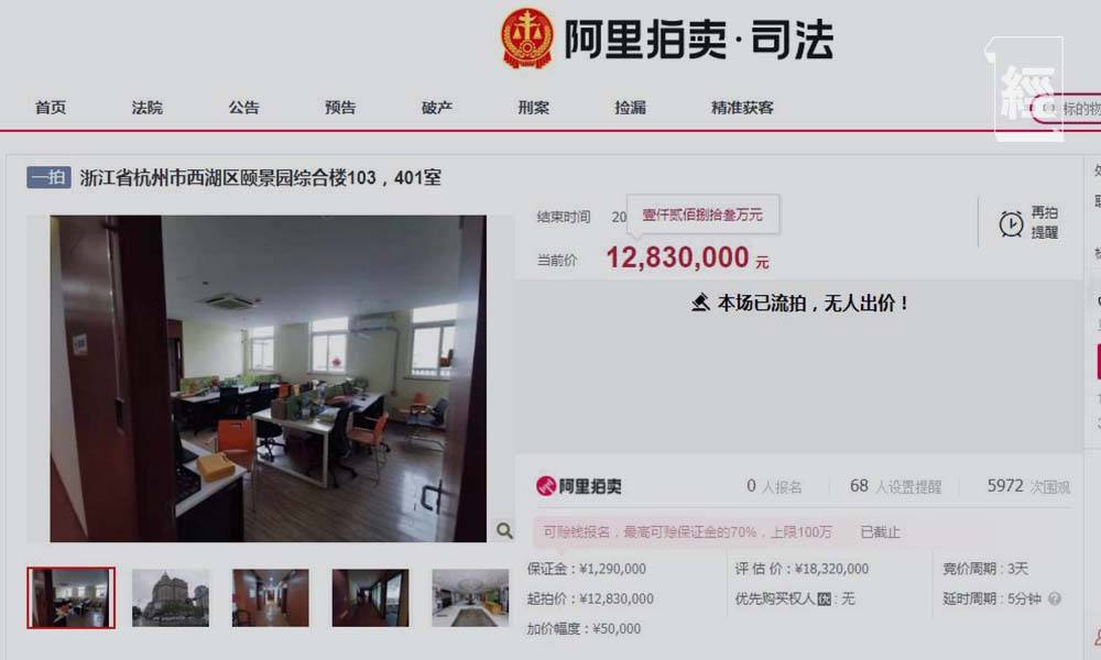 雙11 三盛宏業創辦人陳建銘，其杭州西湖區綜合物業曾上架拍賣，終流拍收場。