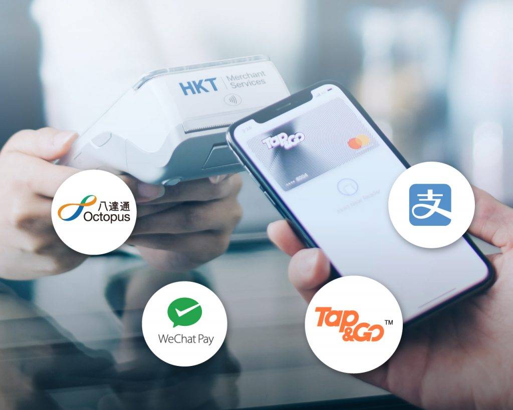 抗疫方案 疫境 HKT智能POS支援政府消費券計劃下的4大儲值支付工具 — Tap & Go「拍住賞」、八達通、支付寶香港及微信支付香港。