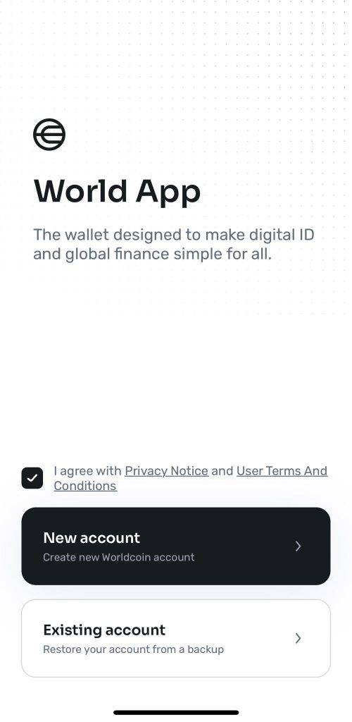 WorldCoin世界幣 Android和iOS用戶前往WorldCoin官方網站下載並安裝World App後，點擊「New account」創建帳戶。