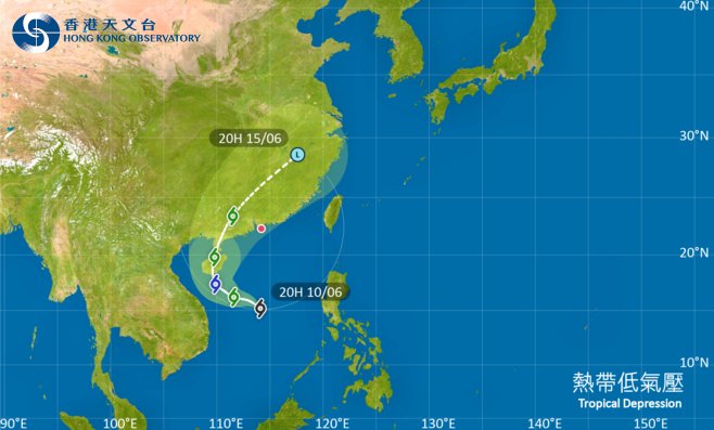 熱帶低氣壓 位於南海中部的熱帶氣旋會在今明兩日橫過南海中部，隨後大致移向海南島至廣東西部沿岸一帶