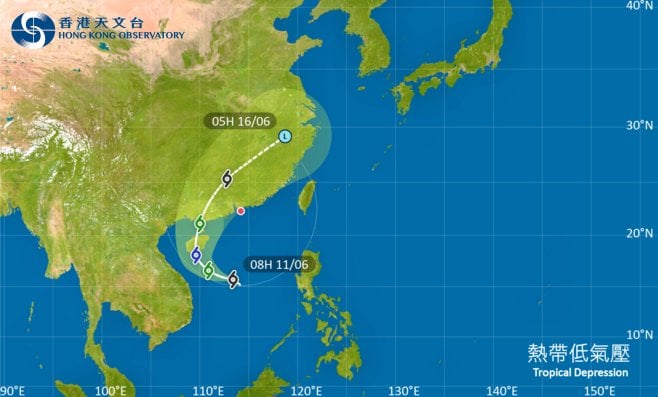 熱帶低氣壓 位於南海中部的熱帶氣旋會在未來一兩日大致移向海南島，隨後移至廣東西部沿岸一帶