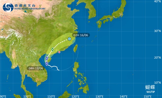 蝴蝶今日會大致移向海南島西部並掠過該區，隨後移向北部灣至雷州半島