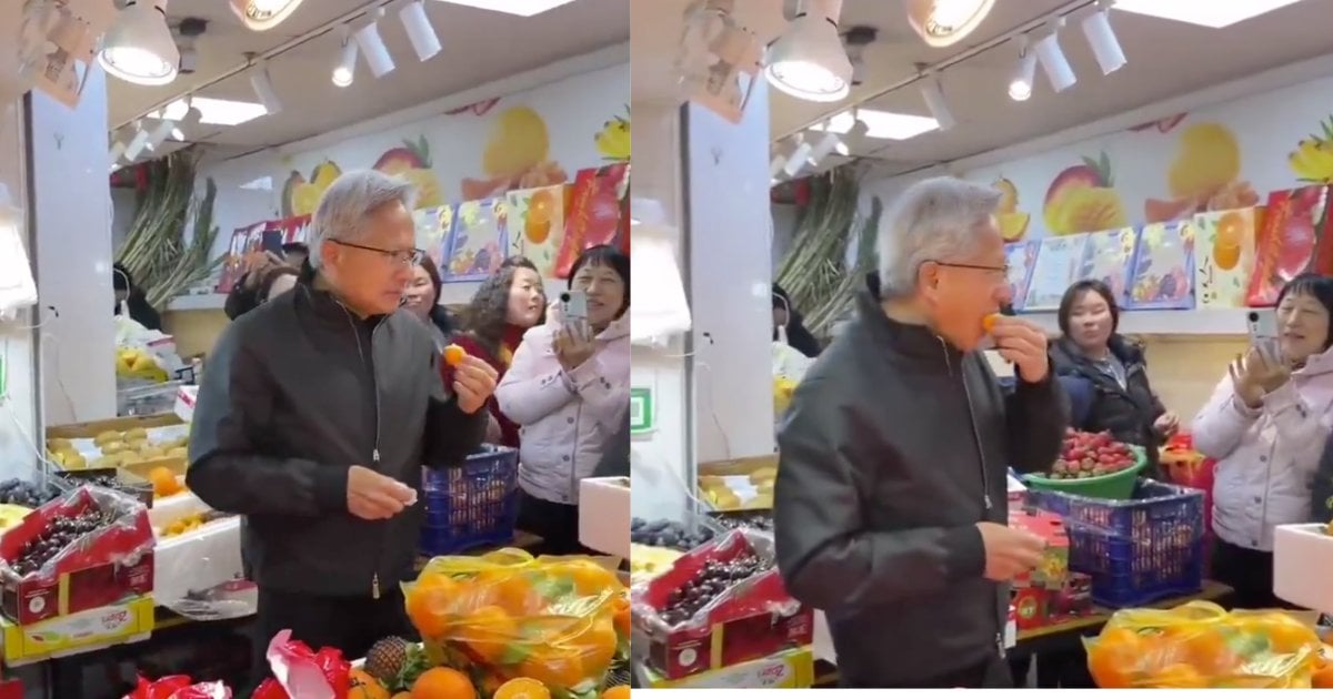 【多圖有片】黃仁勳現身上海街市食生果 周圍派利是 即睇內有幾錢？分析：實為爭取北京「放行」H200 晶片