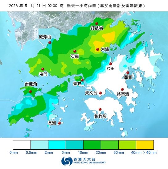 紅雨警告於深夜2時40分生效！全港各區雨量即時更新