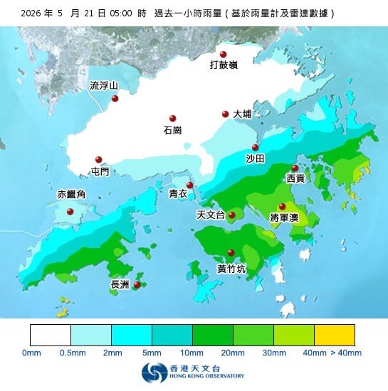 黃雨警告於清晨5時15分生效！全港各區雨量即時更新
