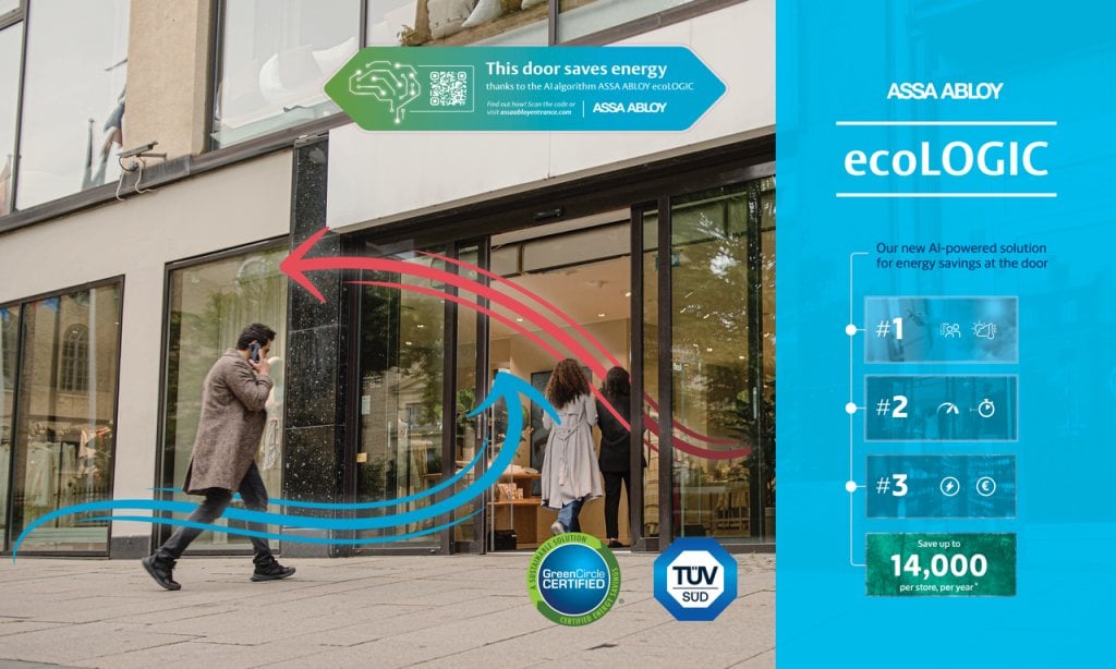 經一品牌大獎 2026 榮獲 GreenCircle 及 TÜV SÜD 認證的 ASSA ABLOY「ecoLOGIC」自動門,憑藉專利精密氣密技術與 AI 智能感應控制顯著降低建築能耗,助企業實踐低碳通行。