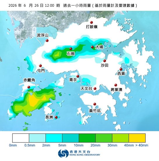 紅雨警告於下午12時15分生效！全港各區雨量即時更新