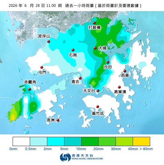黃雨警告於上午11時10分生效！全港各區雨量即時更新