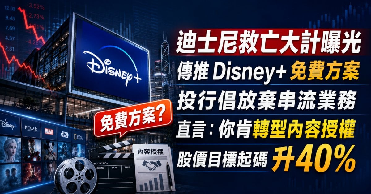 迪士尼救亡大計曝光 傳推 Disney+ 免費方案 投行倡放棄串流業務 直言「你肯轉型內容授權 股價目標起碼升 40%」