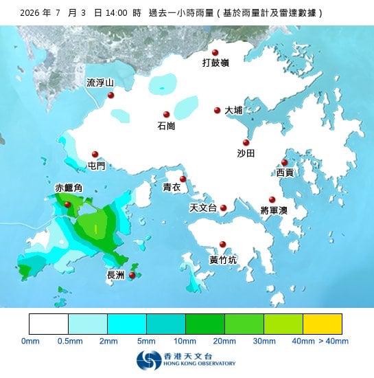 黃雨警告於下午2時10分生效！全港各區雨量即時更新