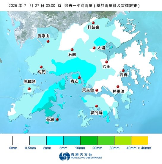 紅雨警告於清晨5時55分生效！全港各區雨量即時更新