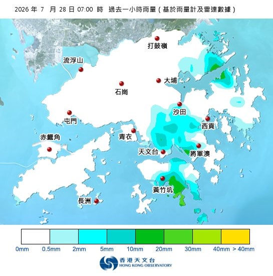 黃雨警告於上午7時15分生效！全港各區雨量即時更新