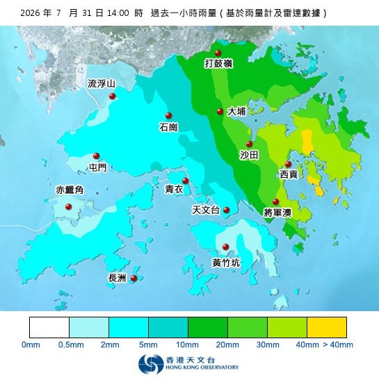 黃雨警告於下午2時10分生效！全港各區雨量即時更新