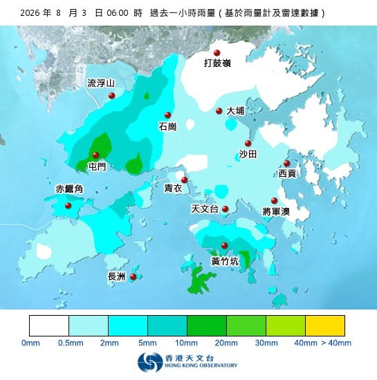 黃雨警告於清晨6時40分生效！全港各區雨量即時更新