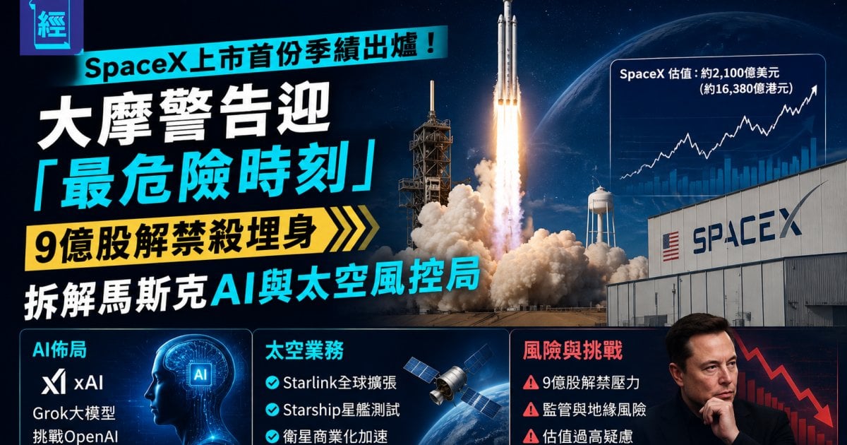SpaceX上市首份季績出爐！大摩警告迎「最危險時刻」 9億股解禁殺埋身 拆解馬斯克AI與太空風控局
