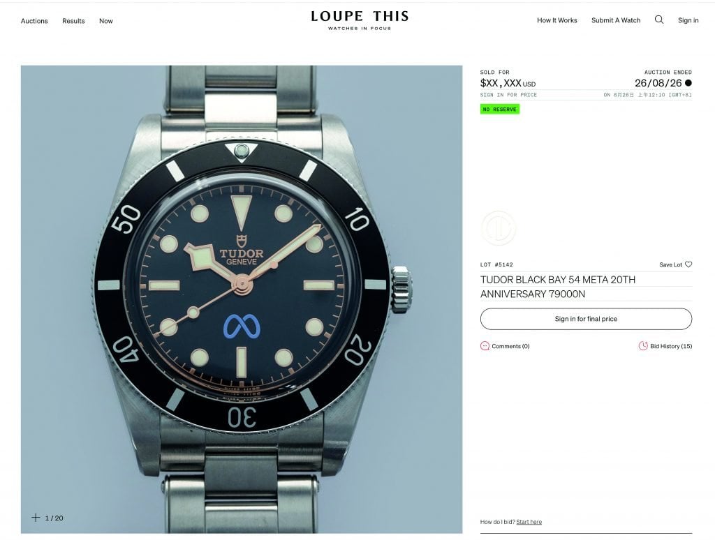 silicon valleys Loupe This is currently auctioning a Tudor Black Bay 54 watch customizedwith Meta's logo on its dial.(圖片來源Loupe This photo:)