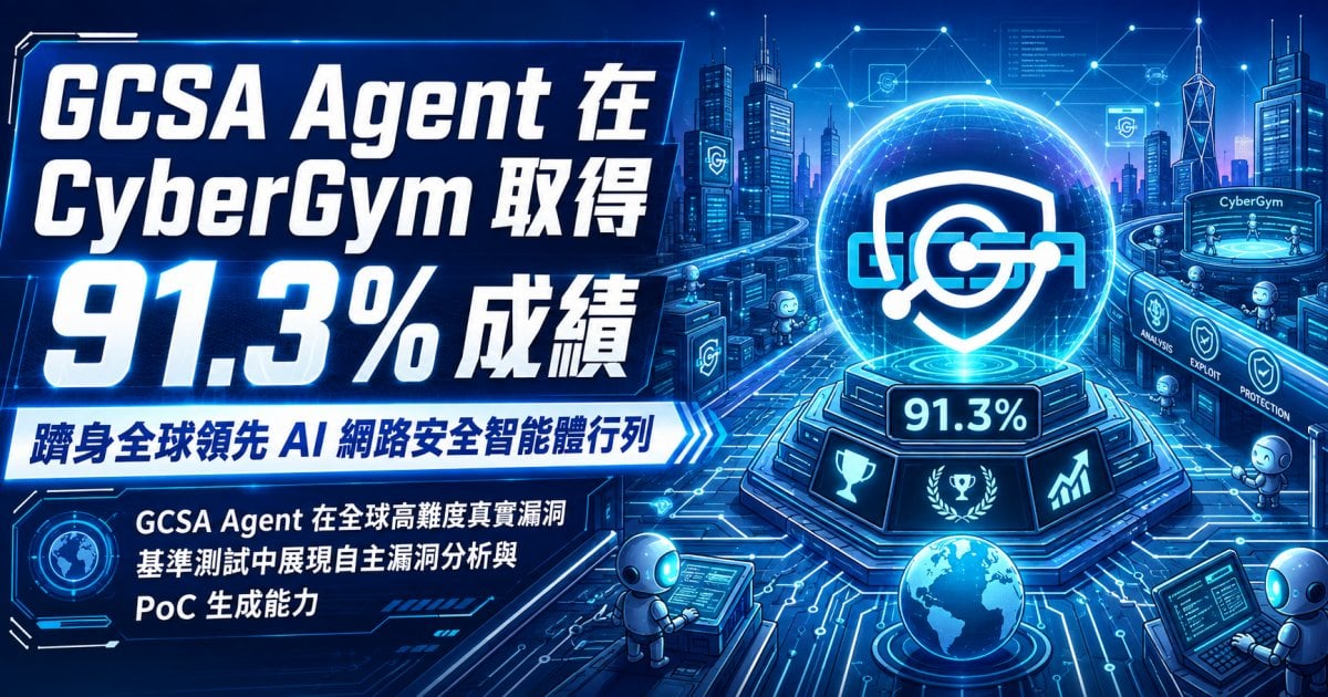 GCSA Agent 在 CyberGym 取得 91.3% 成績 躋身全球領先 AI 網路安全智能體行列 GCSA Agent 在全球高難度真實漏洞基準測試中展現自主漏洞分析與 PoC 生成能力