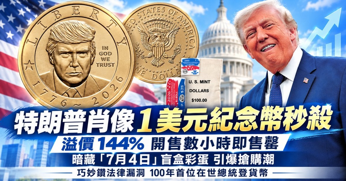 特朗普肖像 1 美元紀念幣秒殺 溢價 144% 開售數小時即售罄 暗藏「7月4日」盲盒彩蛋 引爆搶購潮 巧妙鑽法律漏洞 100年首位在世總統登貨幣