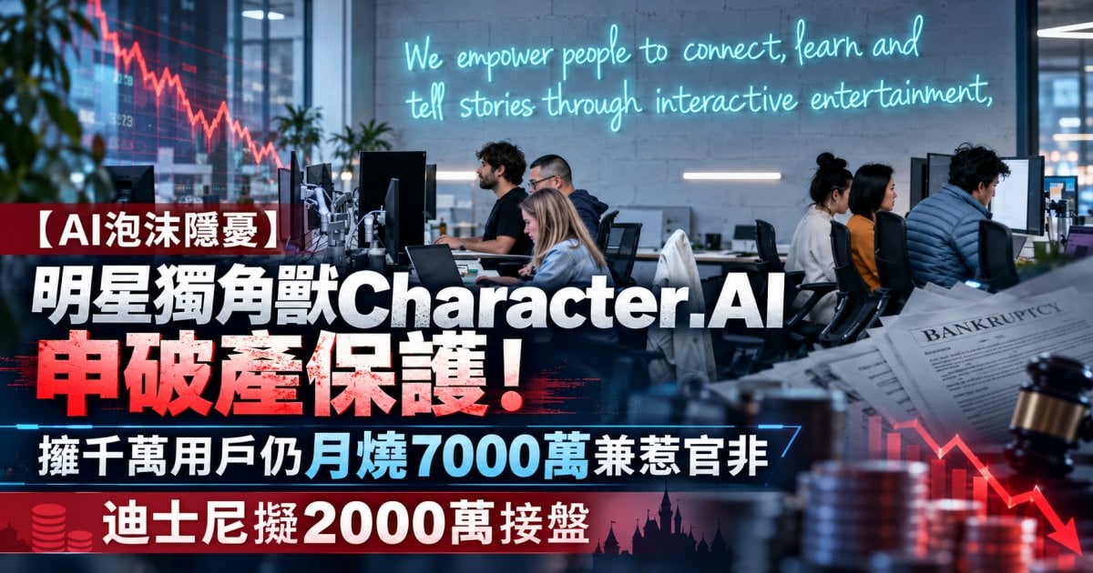 【AI泡沫隱憂】明星獨角獸Character.AI申破產保護！擁千萬用戶仍月燒7000萬兼惹官非 迪士尼擬2000萬接盤