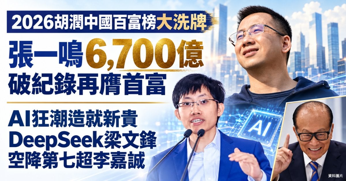 2026 胡潤中國百富榜大洗牌 張一鳴 6,700 億破紀錄再膺首富 AI 狂潮造就新貴 DeepSeek 梁文鋒空降第七超李嘉誠