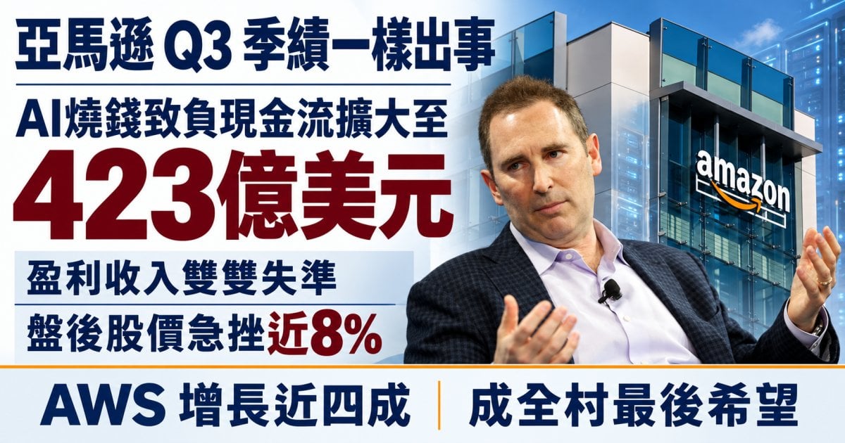 亞馬遜 Q3 季績一樣出事 AI燒錢致負現金流擴大至423億美元 盈利收入雙雙失準 盤後股價急挫近8%